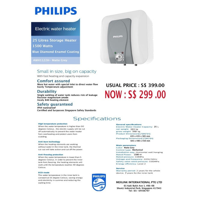 Philips Electric Storage Water Heater 15/25 Litres Matt Grey / Matt Blue (AWH1121H | AWH1122H) | Enquire for Installation