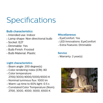 Philips 10W/ 14W E27 LED Stick screw bulb/ 5 Selectable Light Colour / Dimmable