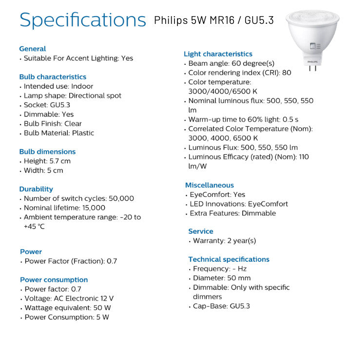 Philips 4.8W LED GU10 / 5W LED MR16 GU5.3 with 3 light color selectable CCT Spot Light/ Dimmable