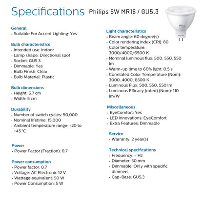 Philips 4.8W LED GU10 / 5W LED MR16 GU5.3 with 3 light color selectable CCT Spot Light/ Dimmable