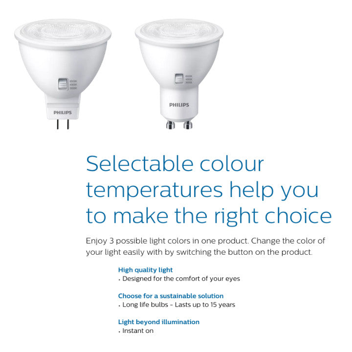 Philips 4.8W LED GU10 / 5W LED MR16 GU5.3 with 3 light color selectable CCT Spot Light/ Dimmable