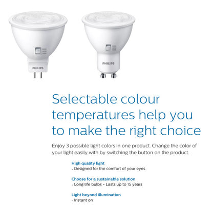 Philips 4.8W LED GU10 / 5W LED MR16 GU5.3 with 3 light color selectable CCT Spot Light/ Dimmable