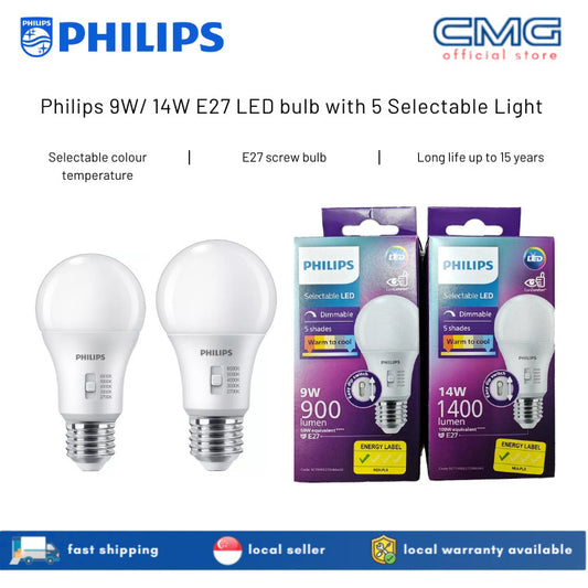 Philips LED 9W/ 14W E27 bulb / 5 selectable light color 2700K, 3000K, 4000K, 5000K, 6500K / Dimmable