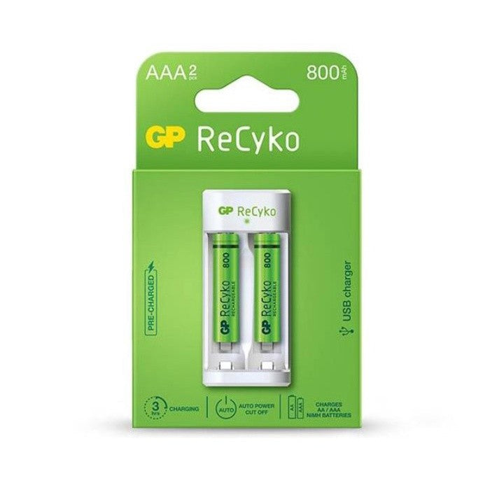 GP Recyko 2 Slot USD Charger E211 with 2x AA 2100mAh or 2x AAA 800mAh NiMH Batteries