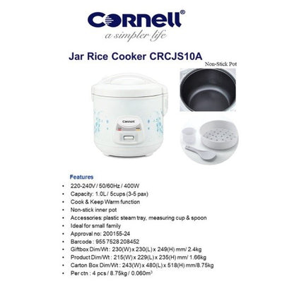 Cornell 1.0L 1.8L Jar Rice Cooker with Steam Tray CRC-JS10A/CRC-JS18A