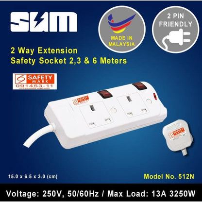 SUM Extension Safety Socket 2/3/4/5 Way 2,3 & 6 Meters Cord