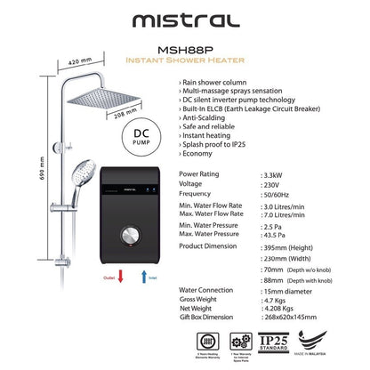 Mistral MSH88P DC Pump Water Heater with Rain Shower Attachment and Column