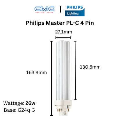 Philips Master PLC 4 Pin 13w/18w/26w 4P G24q -1/2/3 Base (Amber, Warm White, Cool White, Cool Daylight)