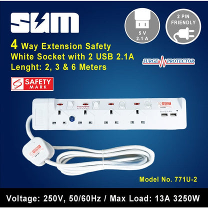 SUM White / Black 4 Way Extension Socket with 2 USB, Surge Protector with Safety Mark (2, 3, 6 meters)