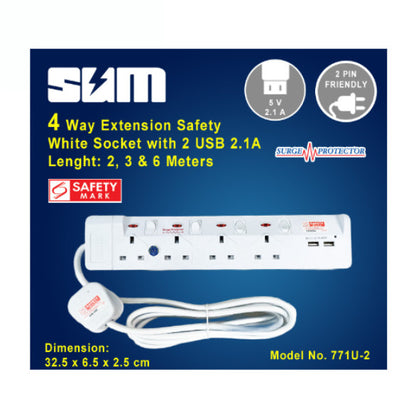 SUM 4 Way Extension Safety White Socket with 2 USB Ports (2.1A) & Surge Protector (2, 3 & 6 Meter)