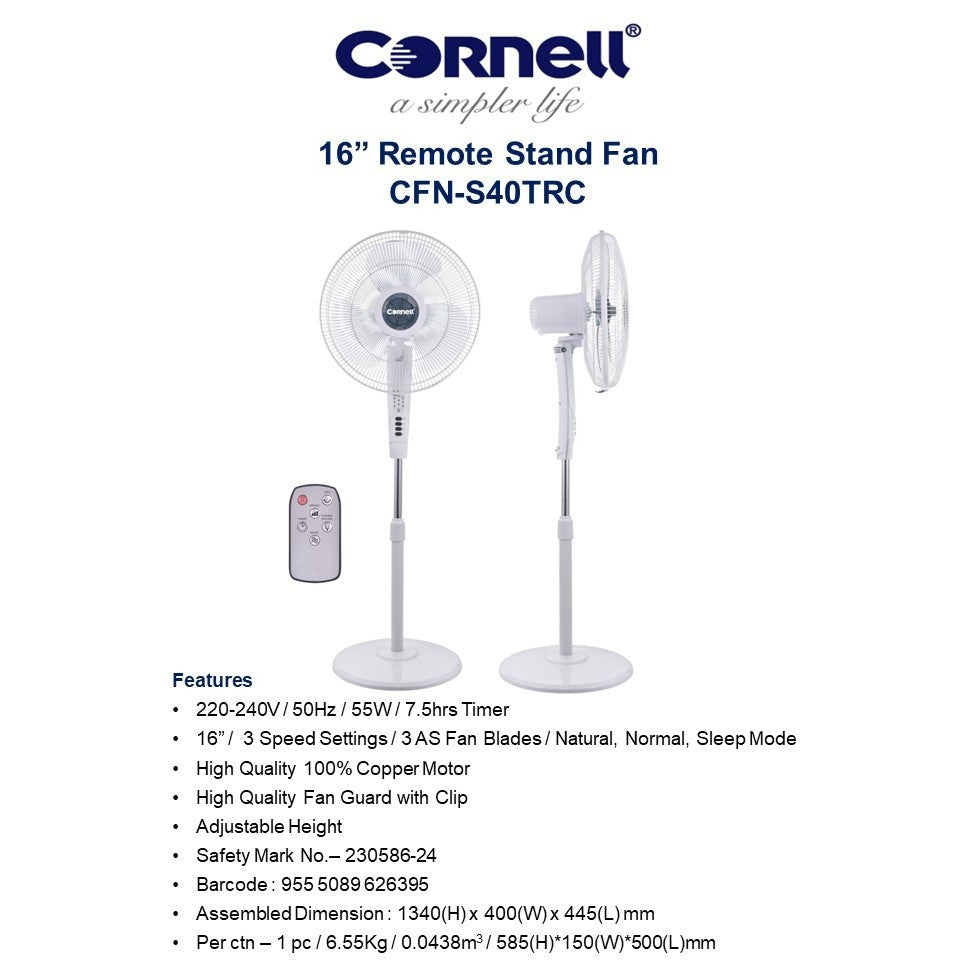 Cornell 16" Stand Fan W/Remote Control (CFNS40TRC) - White