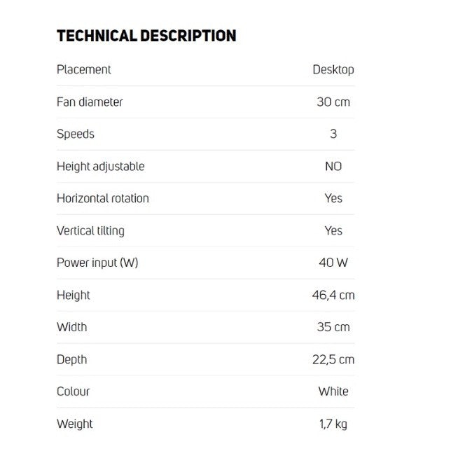 SENCOR Desktop Fan | SFE 3027WH