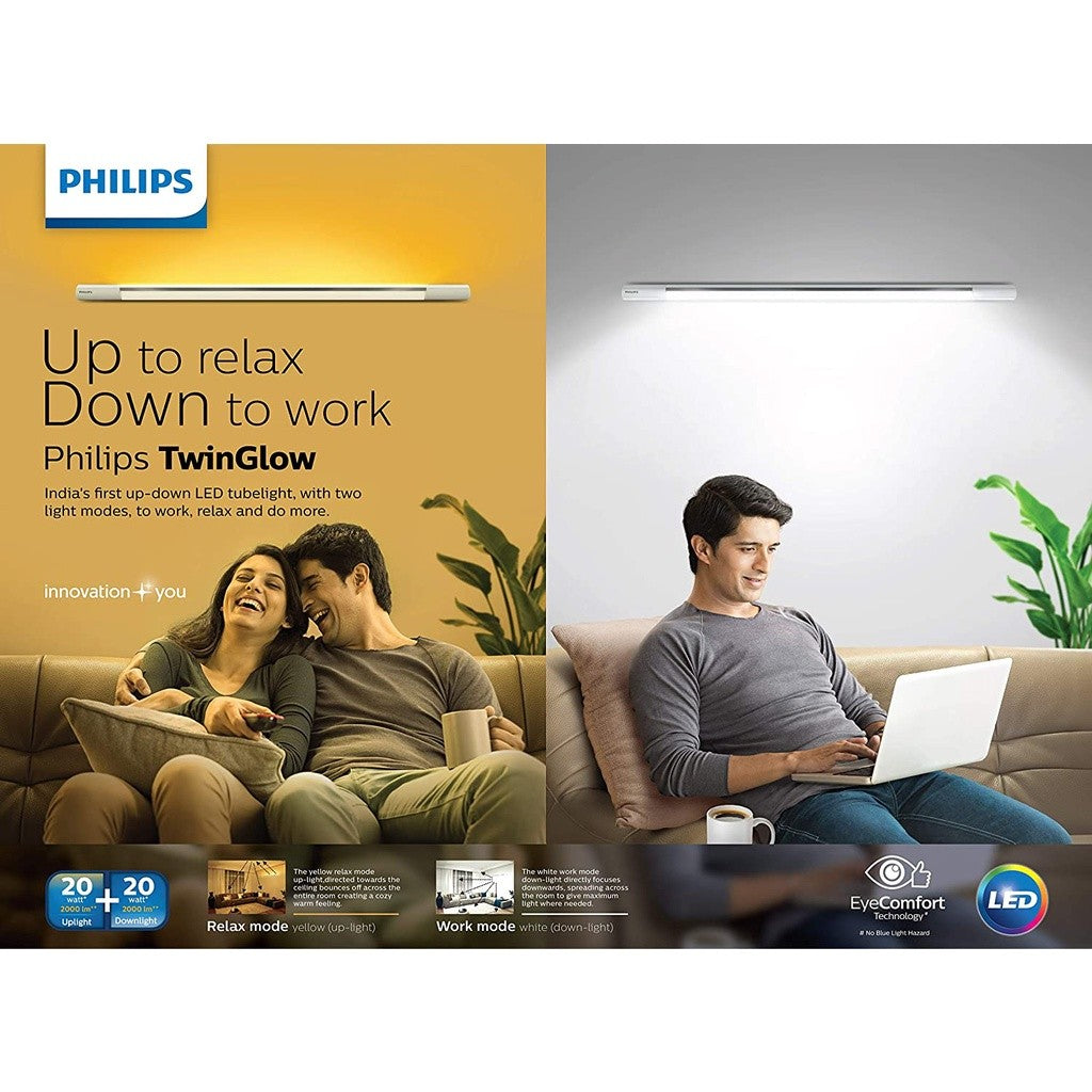 Philips Twin Glow 20 Watt LED Up-Down Batten Tubelight (Yellow Uplight Relax Mode | White Downlight Work Mode) LB0620