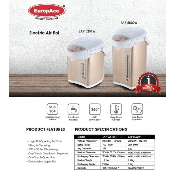 EuropAce 5.0L Electric Air Pot EAP 5502W