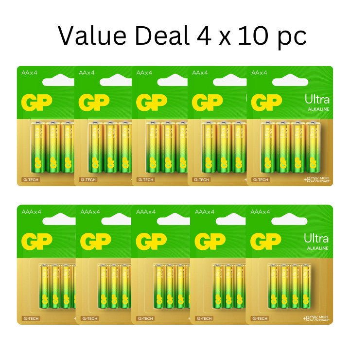 [Box of 10] GP Ultra Alkaline Batteries AA/AAA - Pack of 4 (New G-Tech with 80% More Power!)