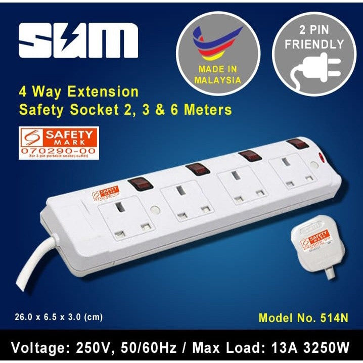 SUM Extension Safety Socket 2/3/4/5 Way 2,3 & 6 Meters Cord