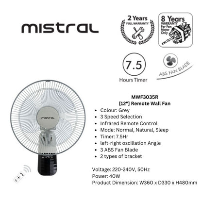 Mistral 12" Wall Fan with Remote Control | MWF3035R (Enquire for Installation)