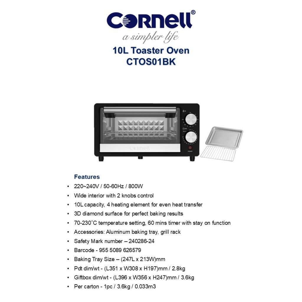 Cornell 10L Toaster Oven CTO-S01BK