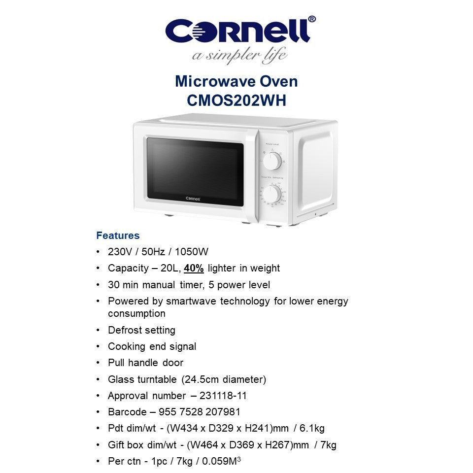 Cornell 20L Microwave Oven CMOS202WH /BK