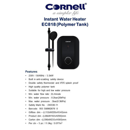 Cornell Polymer Tank Instant Water Heater EC818