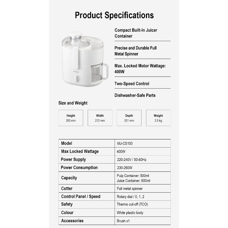 Panasonic Centrifugal Compact Juicer MJ-CS100WSP // Full Metal Spinner, Built-In Juice Cup, 2 Speed Control