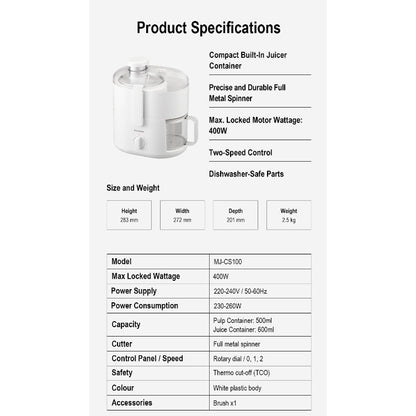 Panasonic Centrifugal Compact Juicer MJ-CS100WSP // Full Metal Spinner, Built-In Juice Cup, 2 Speed Control