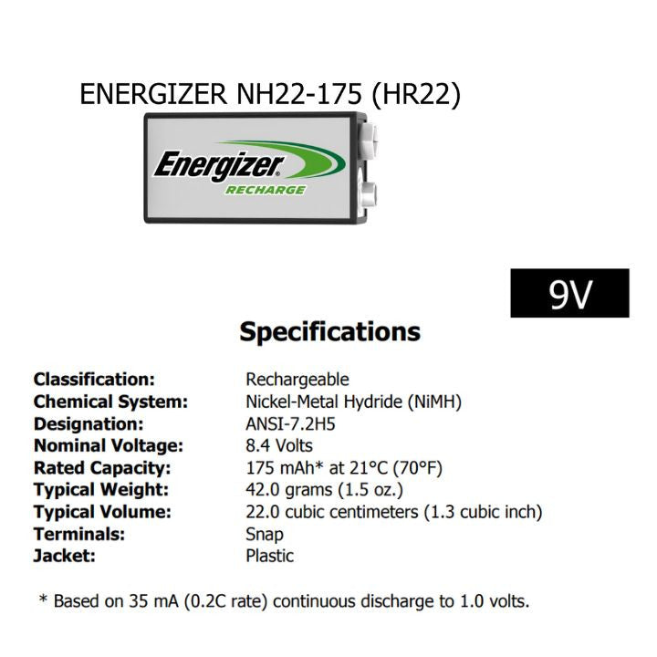 Energizer 9V Power Plus Rechargeable Battery 175mAh