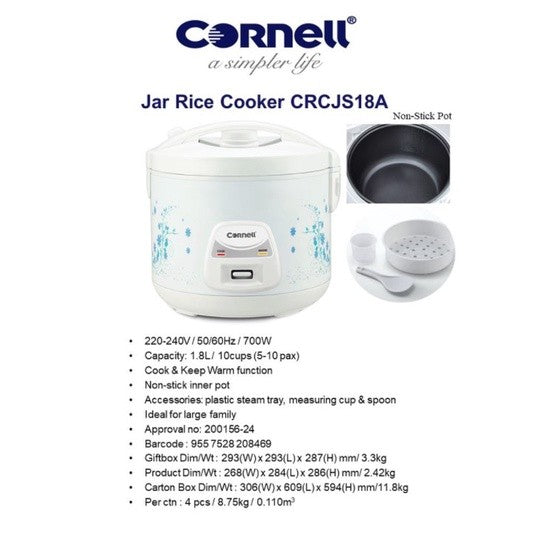 Cornell 1.0L 1.8L Jar Rice Cooker with Steam Tray CRC-JS10A/CRC-JS18A