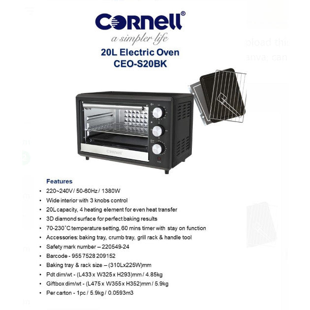 Cornell 20L Countertop Electric Oven CEO-S20BK