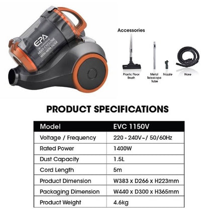 Europace Multi-Cyclone Vacuum Cleaner with hepa filter EVC 1150V