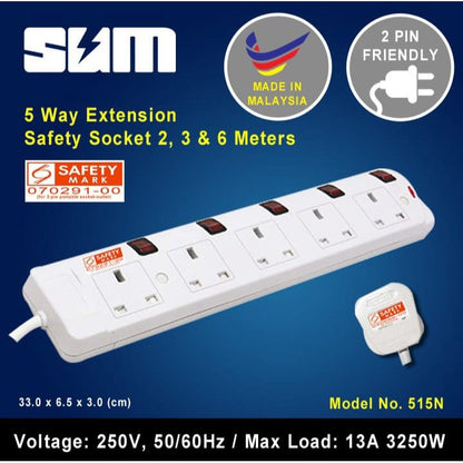 SUM Extension Safety Socket 2/3/4/5 Way 2,3 & 6 Meters Cord