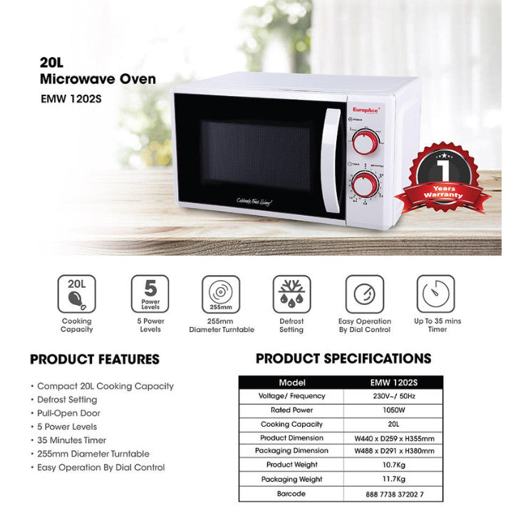 EuropAce 20L Microwave Oven 255mm White Turntable - EMW 1202S