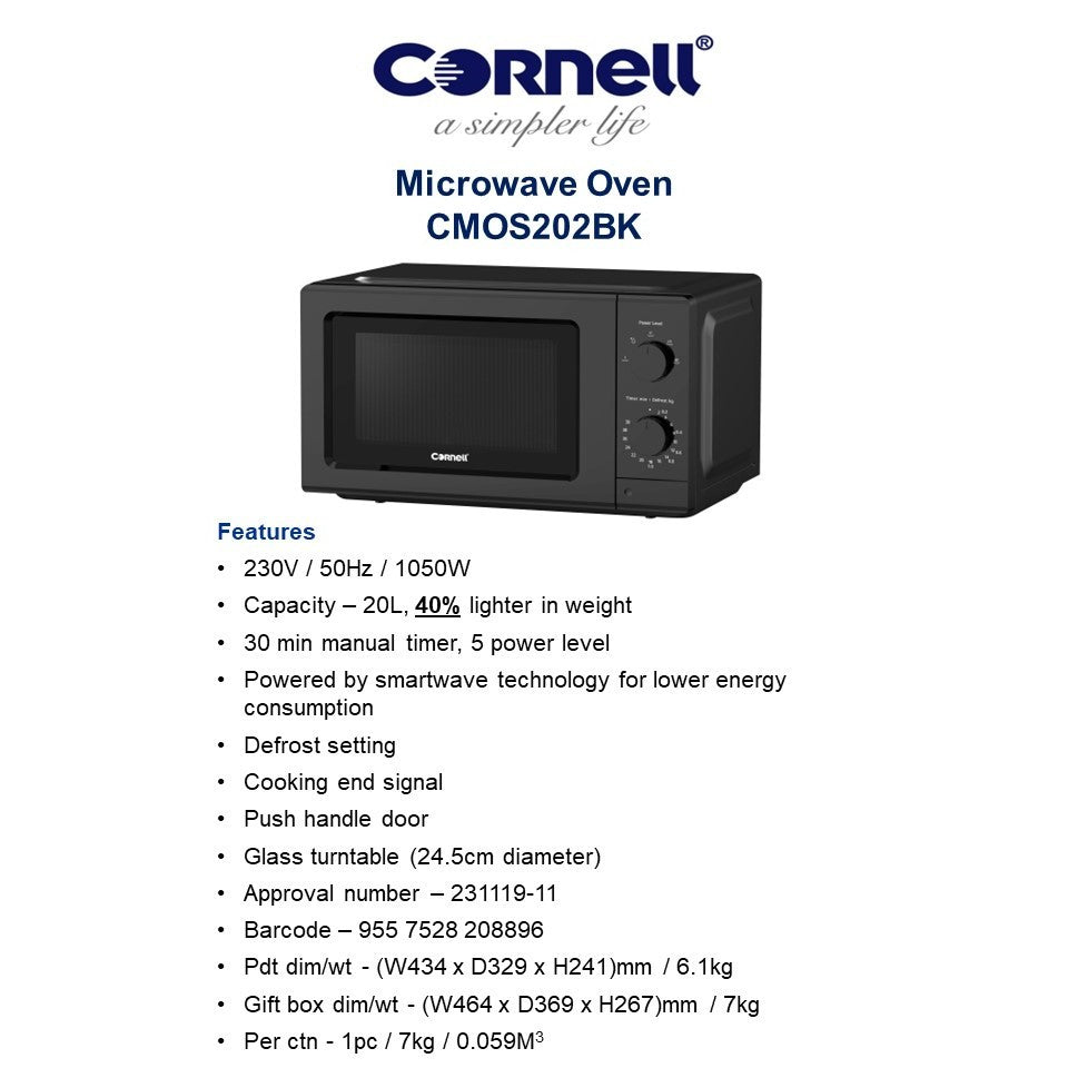 Cornell 20L Microwave Oven CMOS202WH /BK