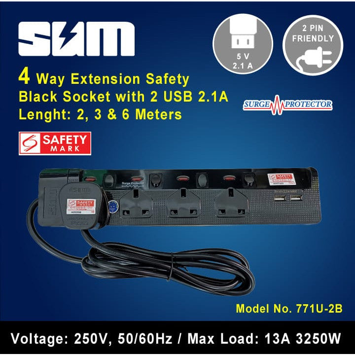 SUM White / Black 4 Way Extension Socket with 2 USB, Surge Protector with Safety Mark (2, 3, 6 meters)