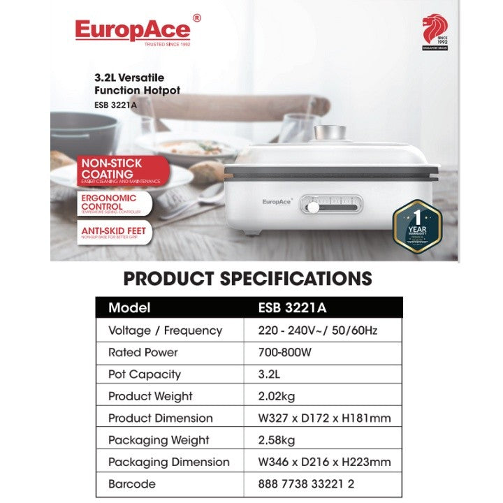 Europace Multi Functional 3.2L Hot Pot with Grill / Hotplate  and Steamer | ESB 3221A