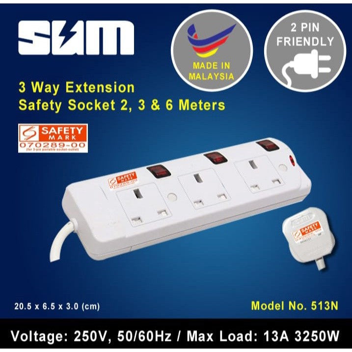 SUM Extension Safety Socket 2/3/4/5 Way 2,3 & 6 Meters Cord