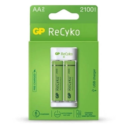 GP Recyko 2 Slot USD Charger E211 with 2x AA 2100mAh or 2x AAA 800mAh NiMH Batteries