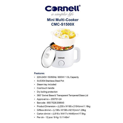 Cornell 1.5L Mini Multi-Cooker Personal Steamboat Noodle Cooker CMC-S1500X