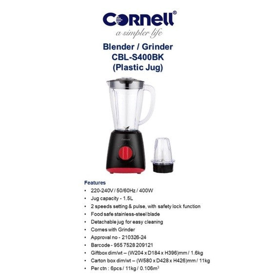 Cornell 400W 1.5L Blender with Grinder 2 Speed with Pulse | CBLS400BK