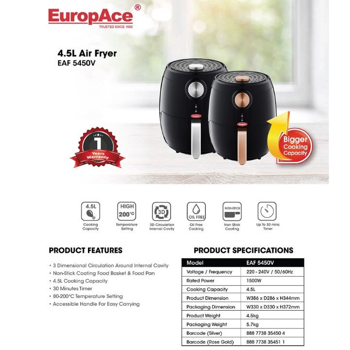 EuropAce 4.5L Air Fryer EAF 5450V (Rose Gold)