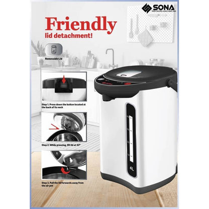 Sona SAP964 Electric Airpot 4L Two Way Dispenser 304 Food Grade Stainless Steel Pot & Lid