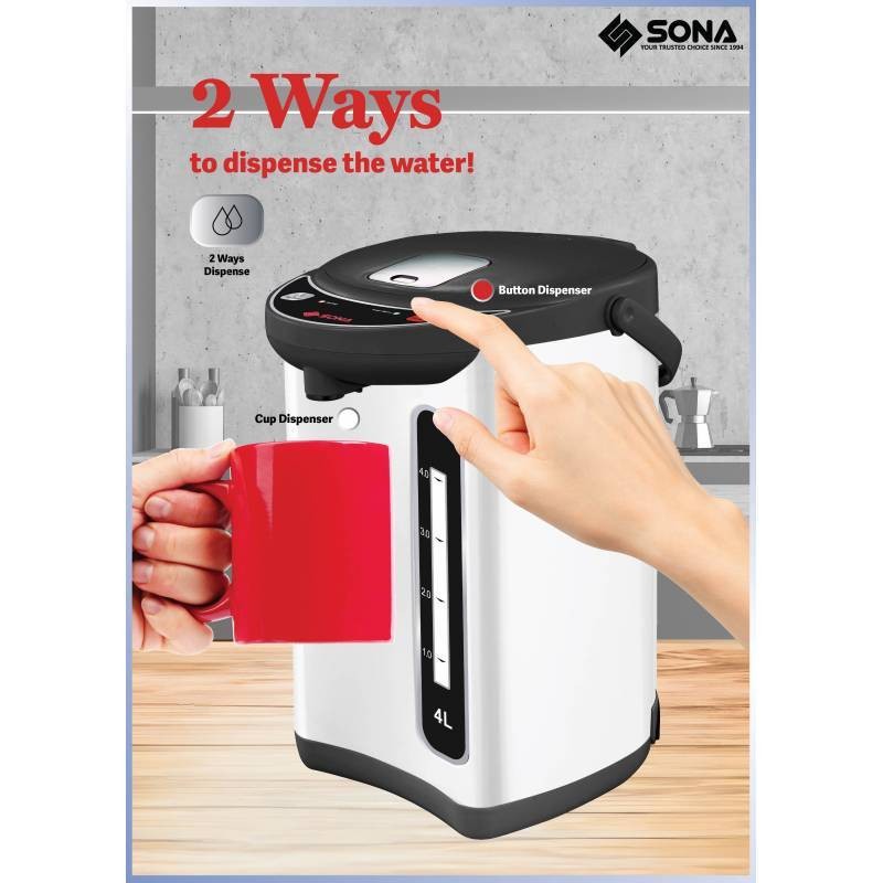 Sona SAP964 Electric Airpot 4L Two Way Dispenser 304 Food Grade Stainless Steel Pot & Lid