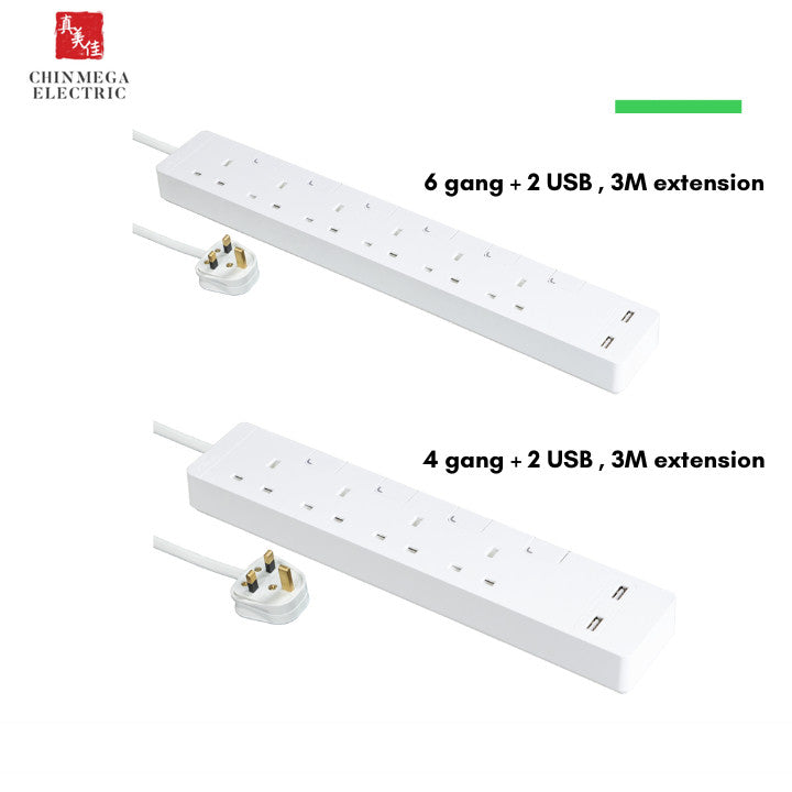 Schneider AvatarOn Extend Electric Trailing socket with individual switch + USB, 3M extension, 4/6 Gang