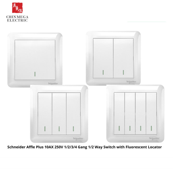 Schneider Affle Plus 10AX 250V 1/2/3/4 Gang 1/2 Way Switch with Fluorescent Locator