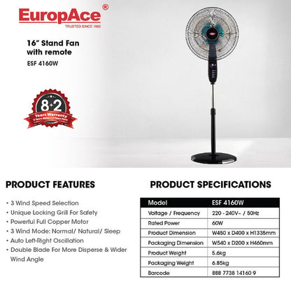 EuropAce 16" Stand Fan With Remote  Control and Timer ESF4160W