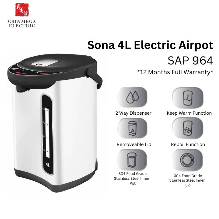 Sona SAP964 Electric Airpot 4L Two Way Dispenser 304 Food Grade Stainless Steel Pot & Lid