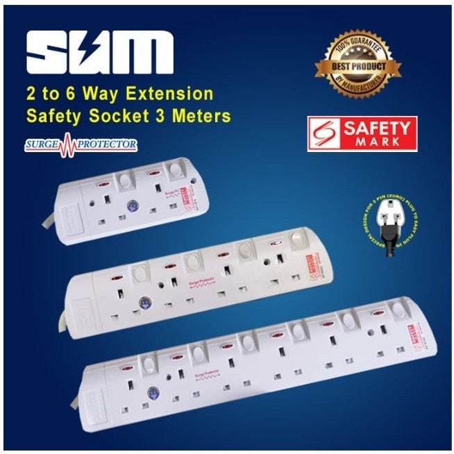 SUM 2/3/4/5/6 Way Extension White/Black Socket with Surge Protection & Safety Mark (3 metres)