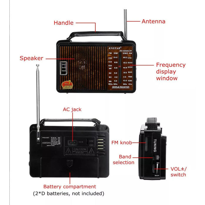 KNSTAR Portable 4 Band Worldwide Receiver Radio AM FM SW1-2 | RX-608ACW