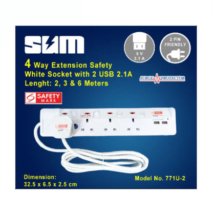 SUM 4 Way Extension Safety White Socket with 2 USB Ports (2.1A) & Surge Protector (2, 3 & 6 Meter)