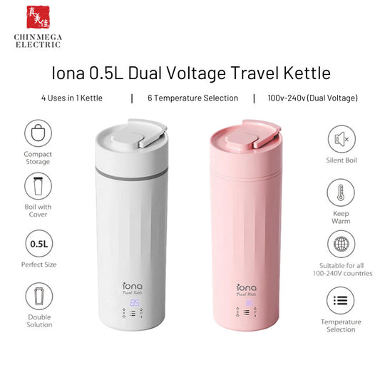 Iona 0.5L Travel Kettle Dual Voltage | Stainless Steel 6 Pre-Set Temperature GLTK303